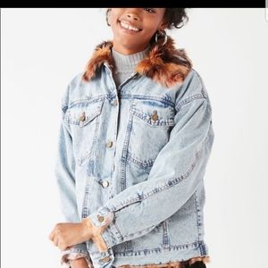 UO Faux Fur Lined Denim Trucker Jacket     